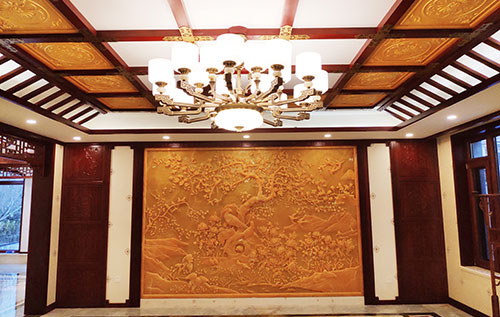 顺昌中式别墅客厅中式木作横梁吊顶装饰展示
